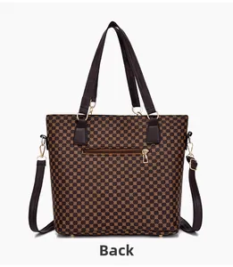 Back view of a large tote bag featuring geometric print and a rear zipper pocket