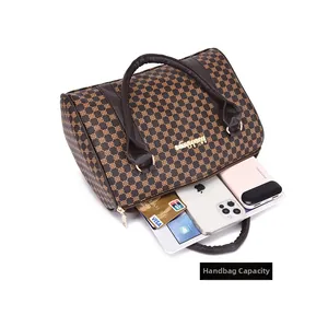 Large capacity printed Boston bag showing interior storage space for tablet and phone