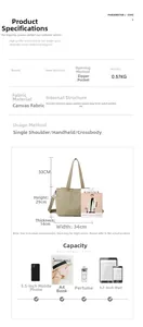 Detailed dimension guide for large khaki canvas tote bag showing interior structure and size