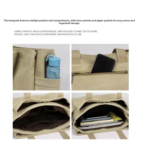Detail view of khaki canvas tote showing side umbrella pocket and interior compartments