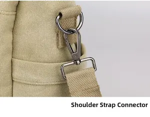 Detailed close-up of khaki canvas strap connection with sturdy dark metal hardware