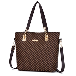 Brown printed tote bag for women with gold chain accents and geometric pattern detail
