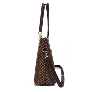 Brown tote bag with geometric pattern featuring dual top handles and adjustable strap