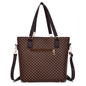 Brown tote bag with geometric circular print and adjustable shoulder straps