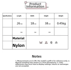 Size chart showing nylon backpack dimensions 26x18x38cm and weight specifications