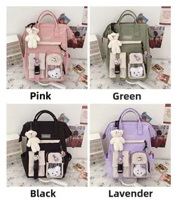 Detailed display of four colorful waterproof student backpacks with cute bear charms