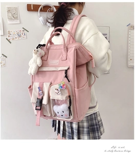 Detailed view of pink school backpack with cute bear pendant and decorative badges