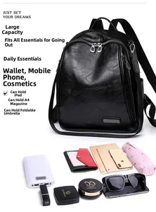 Detalle de la capacidad de almacenamiento de la mochila de cuero negro con objetos
