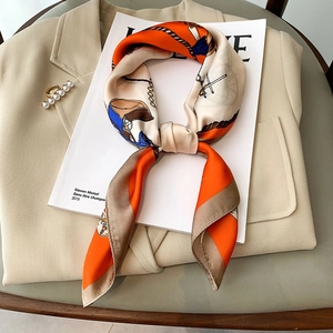Fashion Square Scarf Retro Equestrian Horse Carriage Print Faux Satin Satin Neck Wrap Hair Band Bag Decoration Women