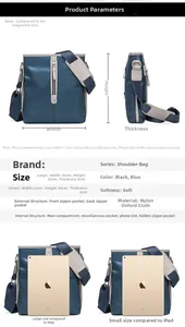 Size comparison chart for nylon shoulder bags with dimensions and iPad compatibility