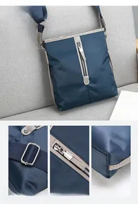 Detail view of water-resistant oxford shoulder bag with reinforced stitching and metal hardware