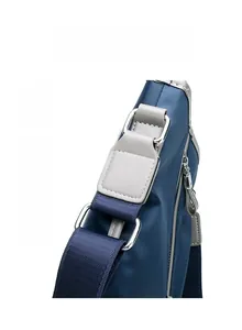 Detail of durable Oxford nylon bag showing metal buckle and reinforced leather trim