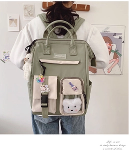 Back view of a green student backpack with cute patches and a plush bear pendant