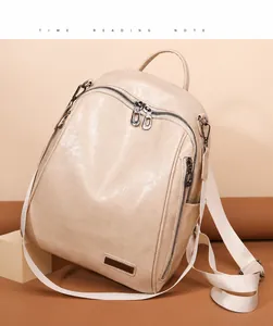 Detalle de mochila beige en piel sintética con cremalleras metálicas y correas