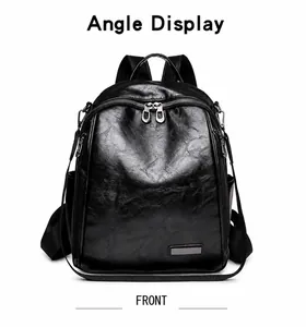 Vista frontal de la mochila de cuero sintético negro con cremalleras metálicas dobles