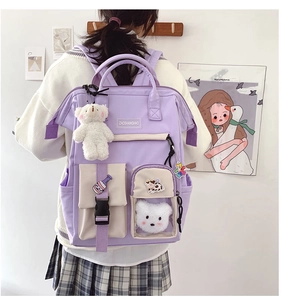 Detail of lavender school backpack with transparent window pocket and cute plush bear charm