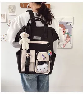 Close-up of a large-capacity canvas backpack with multi-pockets and cute cartoon charms