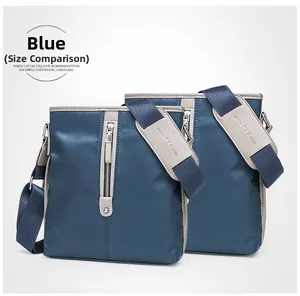 Blue Oxford cloth messenger bags in two sizes featuring waterproof nylon and leather trim