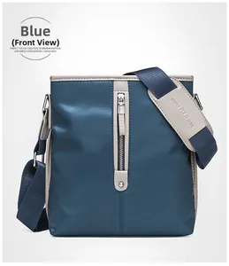 Detail of blue waterproof Oxford crossbody bag showing shoulder strap with logo and zipper
