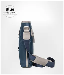 Side view detail of slim navy blue canvas bag with grey strap and metal zippers