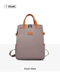 Vista frontale dello zaino porta PC kaki con dettagli in pelle arancione e impugnatura