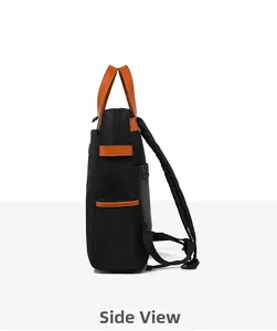 Vista laterale dello zaino per laptop in nylon nero con manici in pelle arancio-marrone