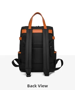 Vista posteriore dello zaino nero impermeabile per laptop con tasca antifurto e spallacci