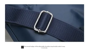 Detailed macro view of high-quality silver metal buckle on navy blue oxford fabric strap