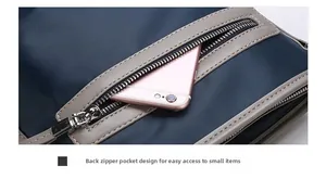 Detail of oxford shoulder bag with hidden back zipper pocket for smartphone storage