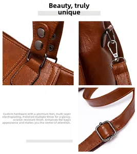Detail of caramel leather handbag featuring thick stitching and polished metal hardware