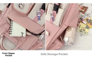 Detail view of pink backpack featuring front zipper pockets and side storage pouches