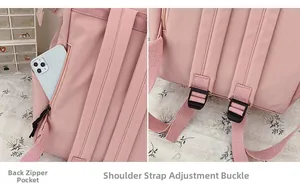 Pink backpack rear view with anti-theft zipper pocket and adjustable strap details