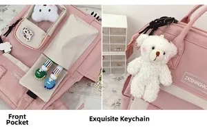 Pink waterproof nylon backpack detail showing front pocket and cute bear pendant