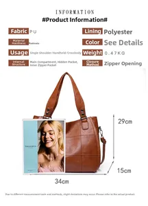 Detailed size guide for large brown PU leather tote bag measuring 34cm x 29cm x 15cm