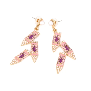 Fashionable colorful crystal pencil drop earrings with pink enamel and pearl accents