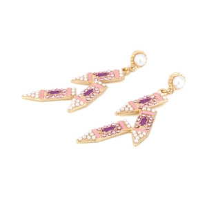Fashionable pencil earrings with purple enamel, pink rhinestones and white pearls for women
