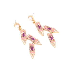 Creative pencil drop earrings with pink purple enamel, rhinestones and pearls on gold base