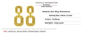 Detailed view of geometric gold alloy earrings with yellow rhinestones and dimensions