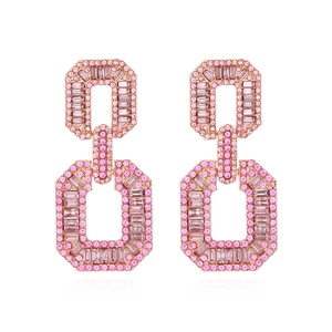 Exaggerated geometric alloy earrings with pink rhinestones and gold chain design