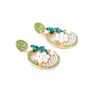 Boucles d'oreilles panier de fleurs en alliage avec strass verts et perles blanches
