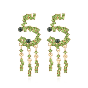 Number Five Shape Dangle Earrings Green Rhinestone Tassel Drop Ear Pendants Alloy Jewelry For Women Vintage Elegant