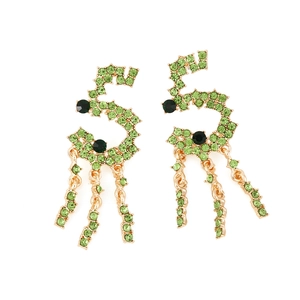 Golden number 5 earrings with green rhinestones and sparkling crystal fringe tassels
