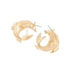 Exaggerated golden fish-shaped earrings with intricate scale texture and curved C-shape design