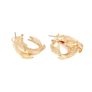Vintage style gold fish earrings with embossed scale textures and minimalist white background