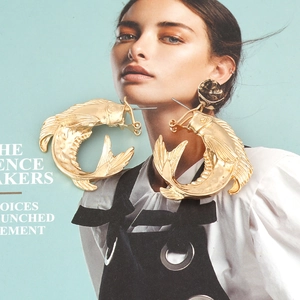 Exaggerated gold-plated fish earrings with vintage 3D koi relief design for women