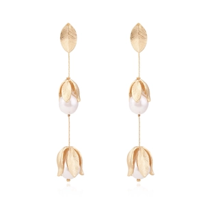 Exaggerated Long Imitation Artificial Pearl Flower Tassel Earrings Vintage Gold Tone Alloy Leaf Drop Dangle For Women