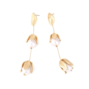 Vintage gold leaf and pearl tassel earrings with multilayered floral drop design