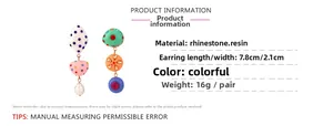 Detailed dimensions and materials for asymmetric resin drop earrings with rhinestones