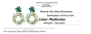 Detailed size and material guide for vintage floral alloy earrings with green rhinestones