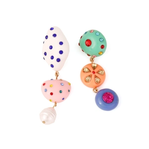 Asymmetric long resin drop earrings with colorful rhinestones and pearls in artsy style